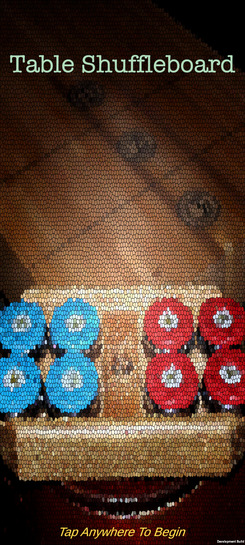 Table Shuffleboard title screen — mosaic blue and red pucks