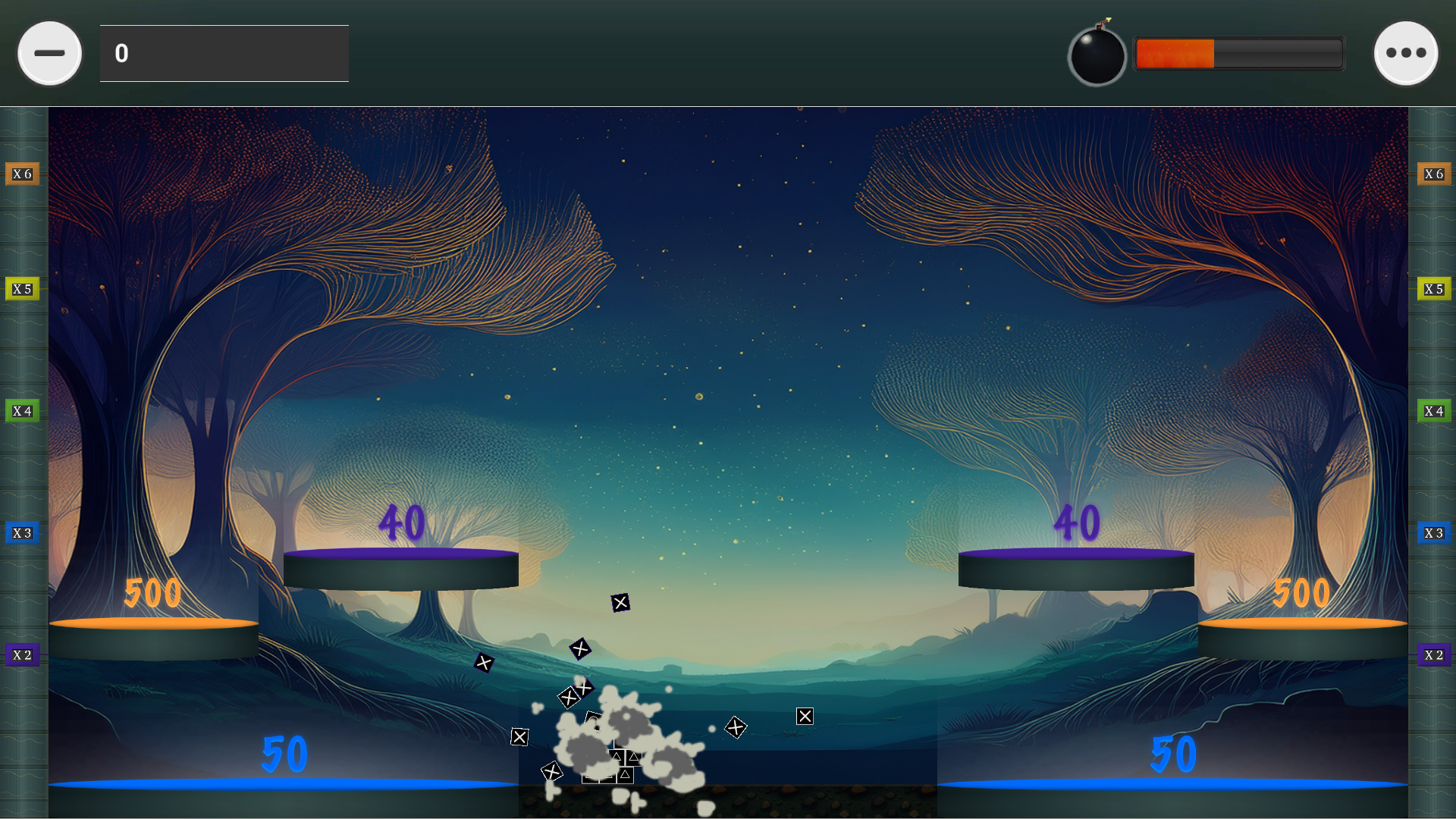 Stack and Bomb — post-explosion scatter, score multiplier rails on both sides