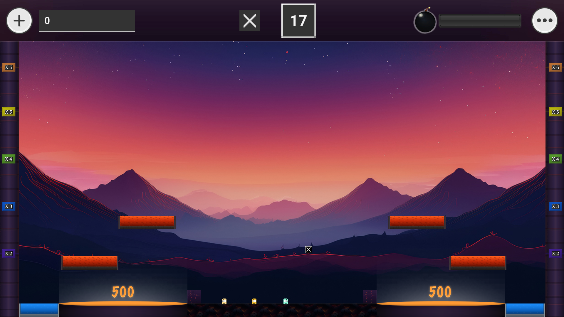 Stage 5, Level 3 — elevated orange scoring platforms against a mountain sunset sky