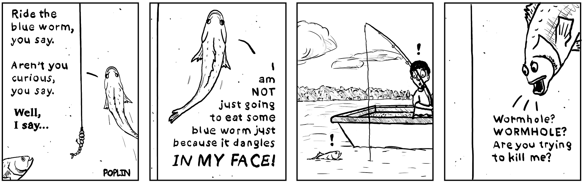 Long Lake — a fish refuses to bite, then gets hooked by a boy fishing from a boat